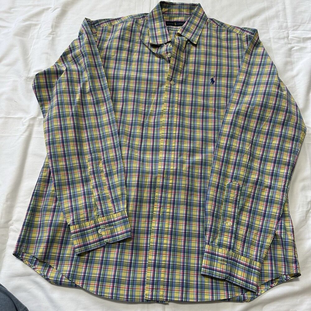 Ralph Lauren Mens Large Yellow Blue Green  Plaid Check Button Down Shirt